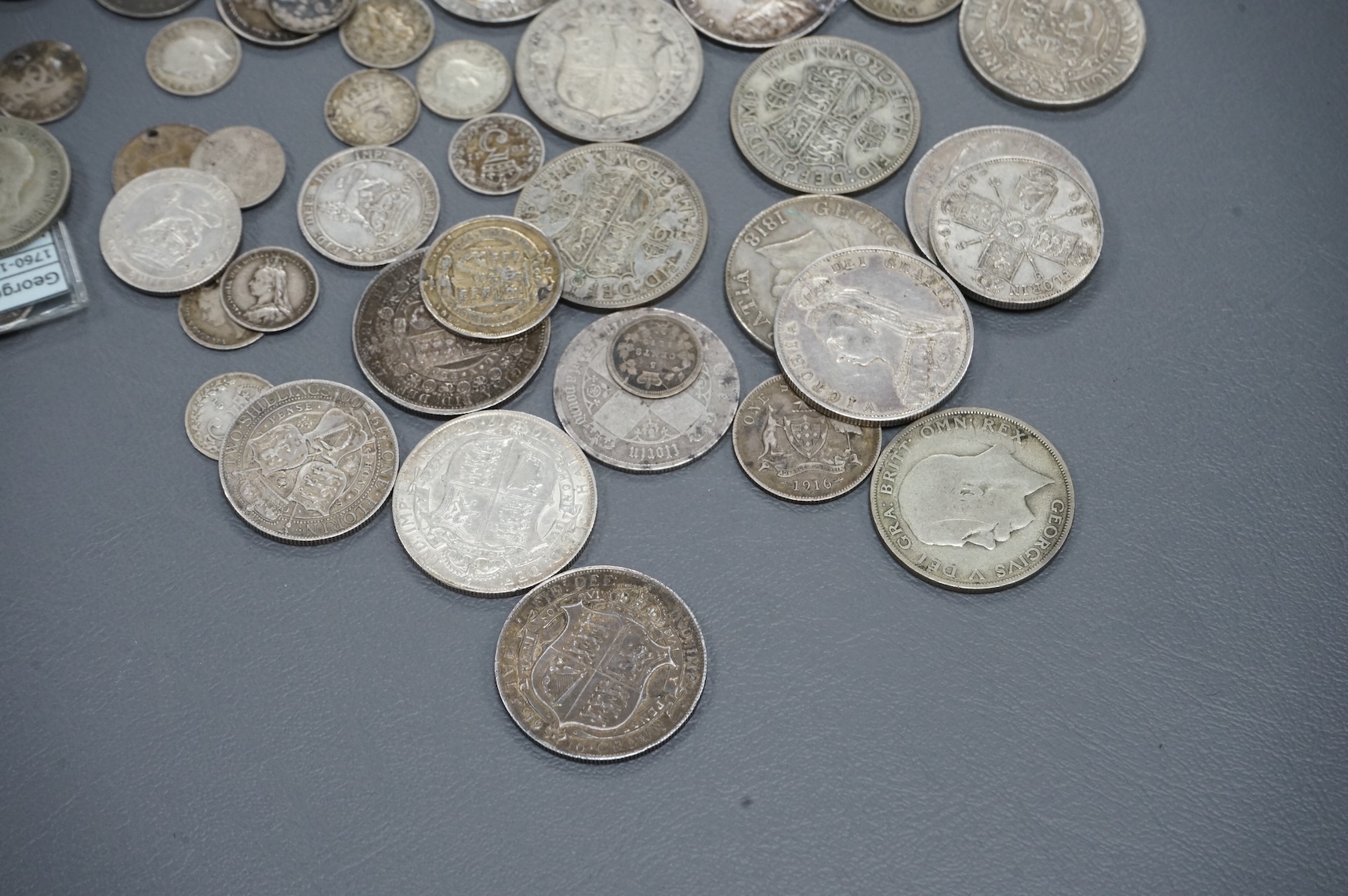British silver coins, George III to George VI, including George II half crown, 1745, Lima, fine or better, numerous Victoria to George V halfcrowns and florins